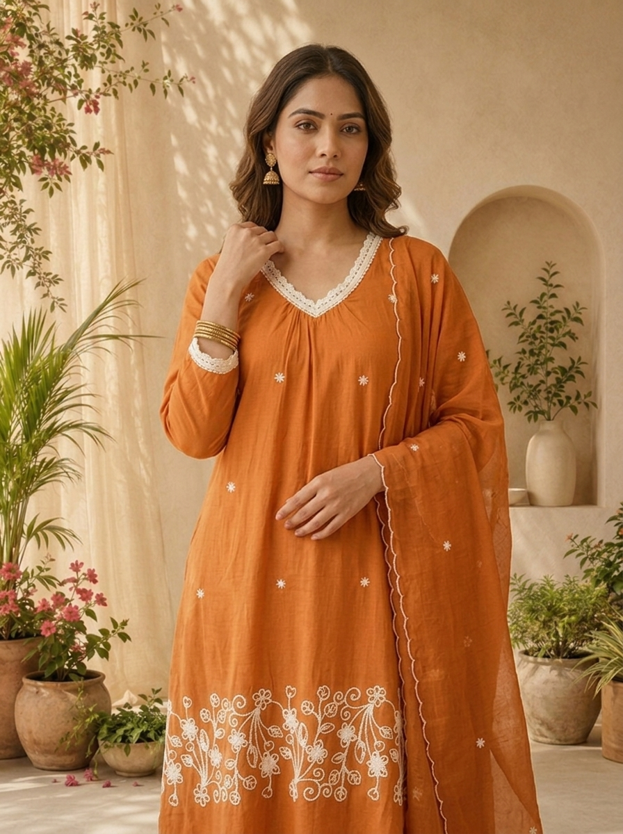 Rust Cotton Embroidered Three Piece Set With Coordinated Dupatta