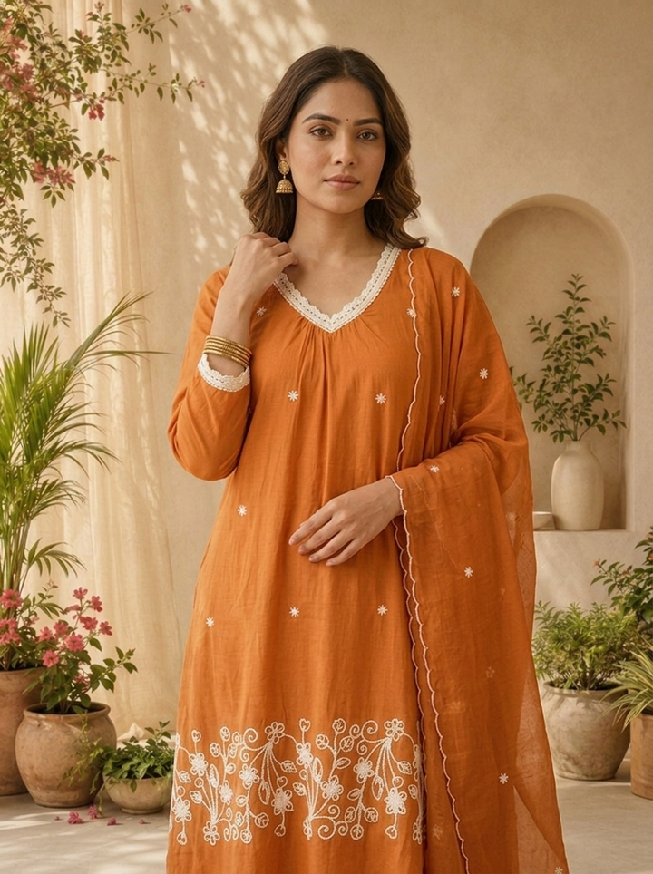 Rust Cotton Embroidered Three Piece Set With Coordinated Dupatta