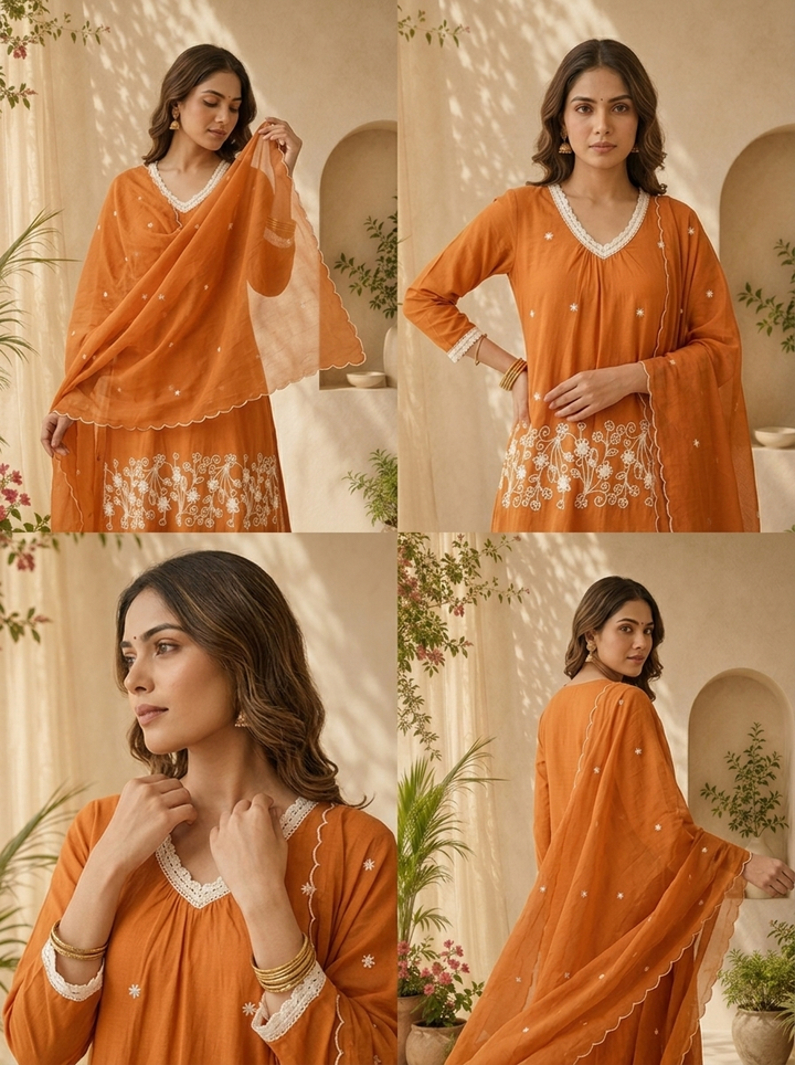Rust Cotton Embroidered Three Piece Set With Coordinated Dupatta