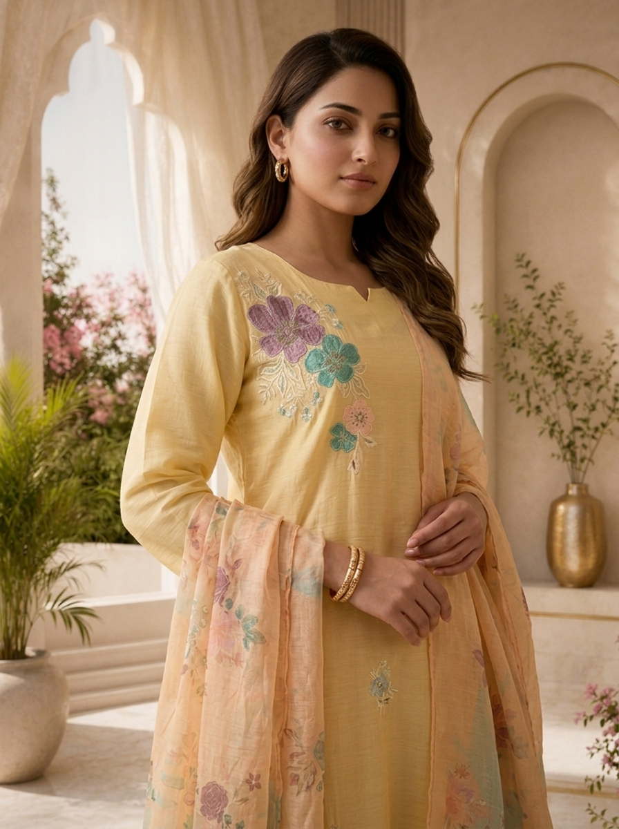 Pastel Yellow Muslin Three Piece Set With Floral Accents