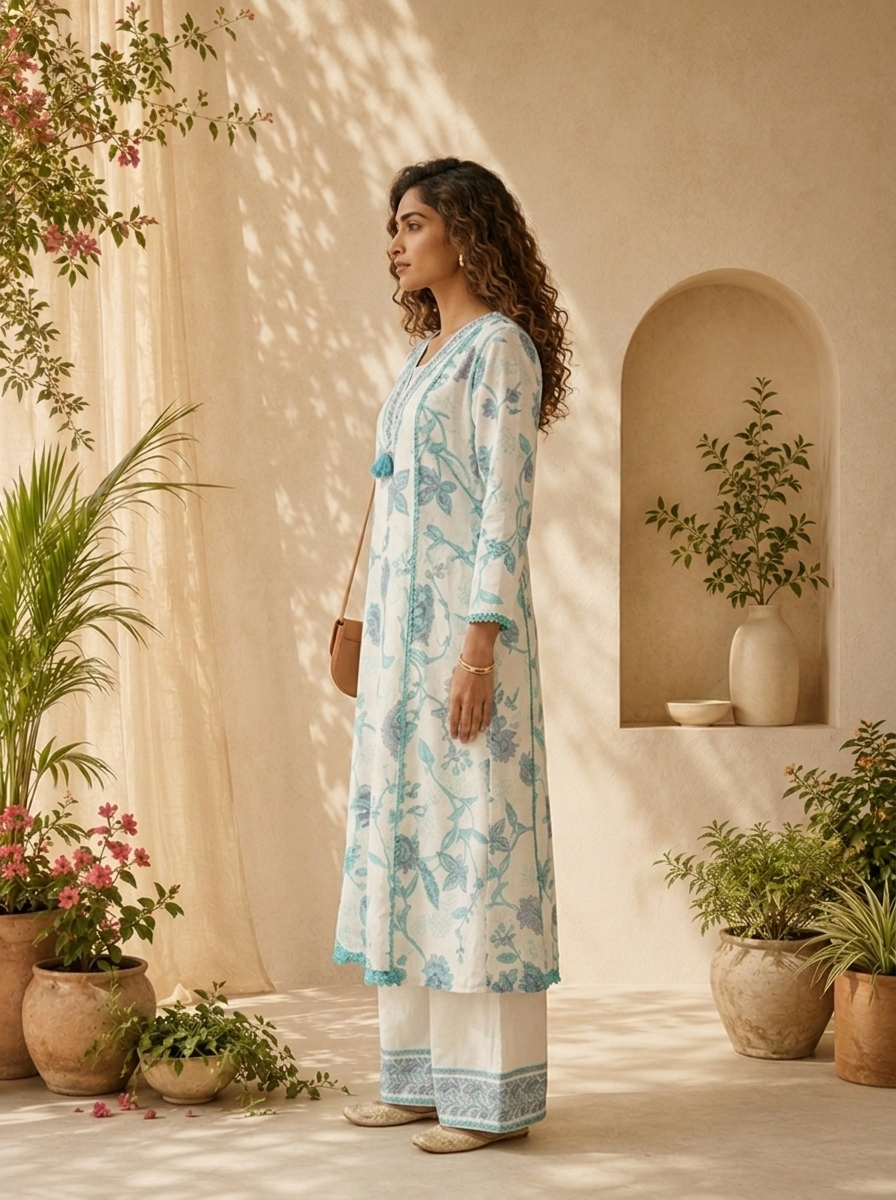 White And Ferozi Floral Printed And Patch Embroidery Three Piece Set