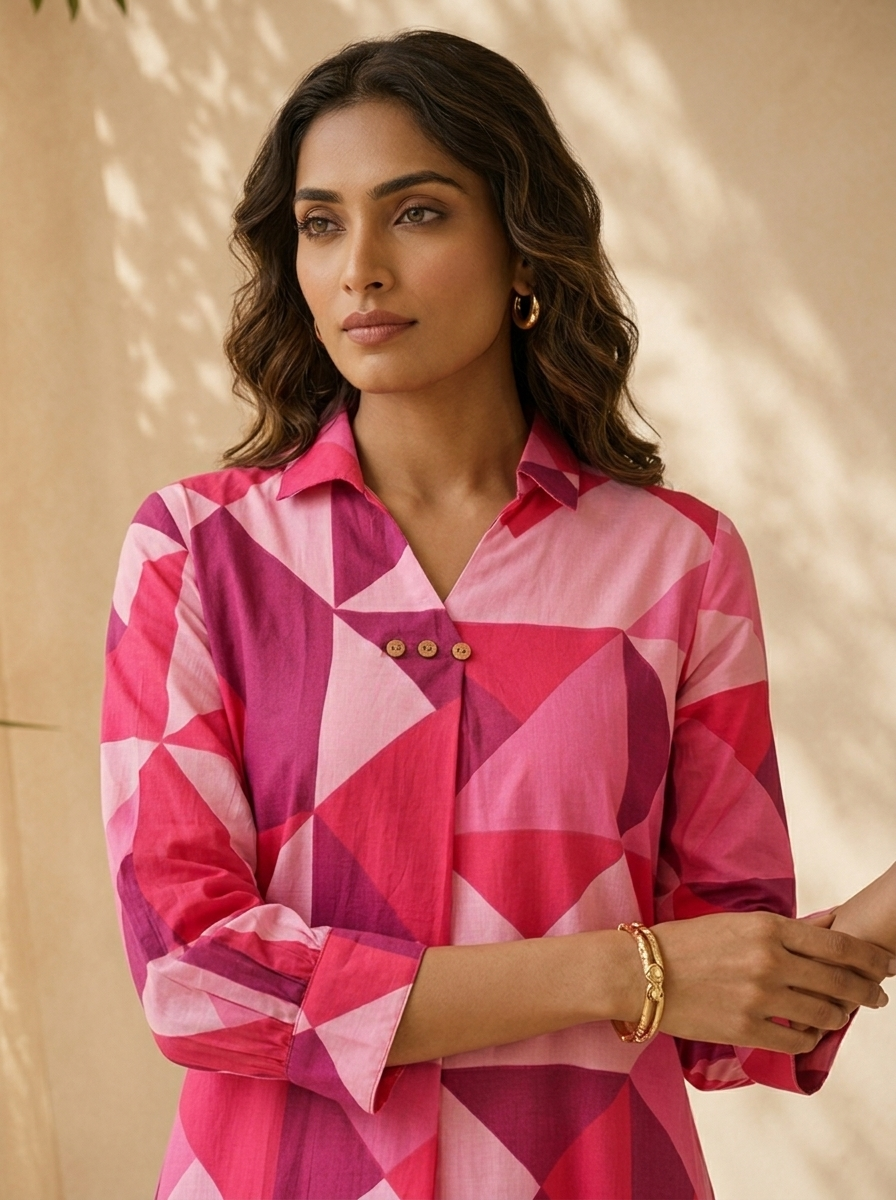 Rani Pink Cotton Abstract Printed Two Piece Set