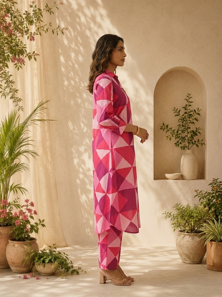 Rani Pink Cotton Abstract Printed Two Piece Set