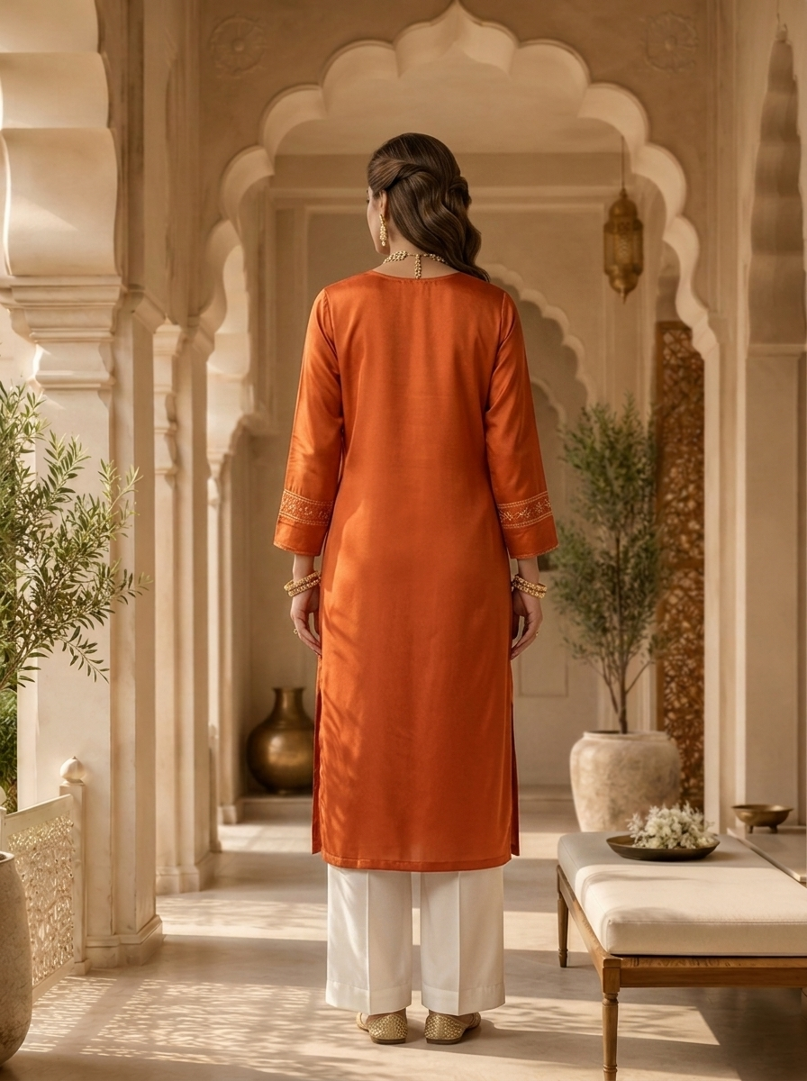 Orange Hand Embroidery And Solid Design Chinon Kurta