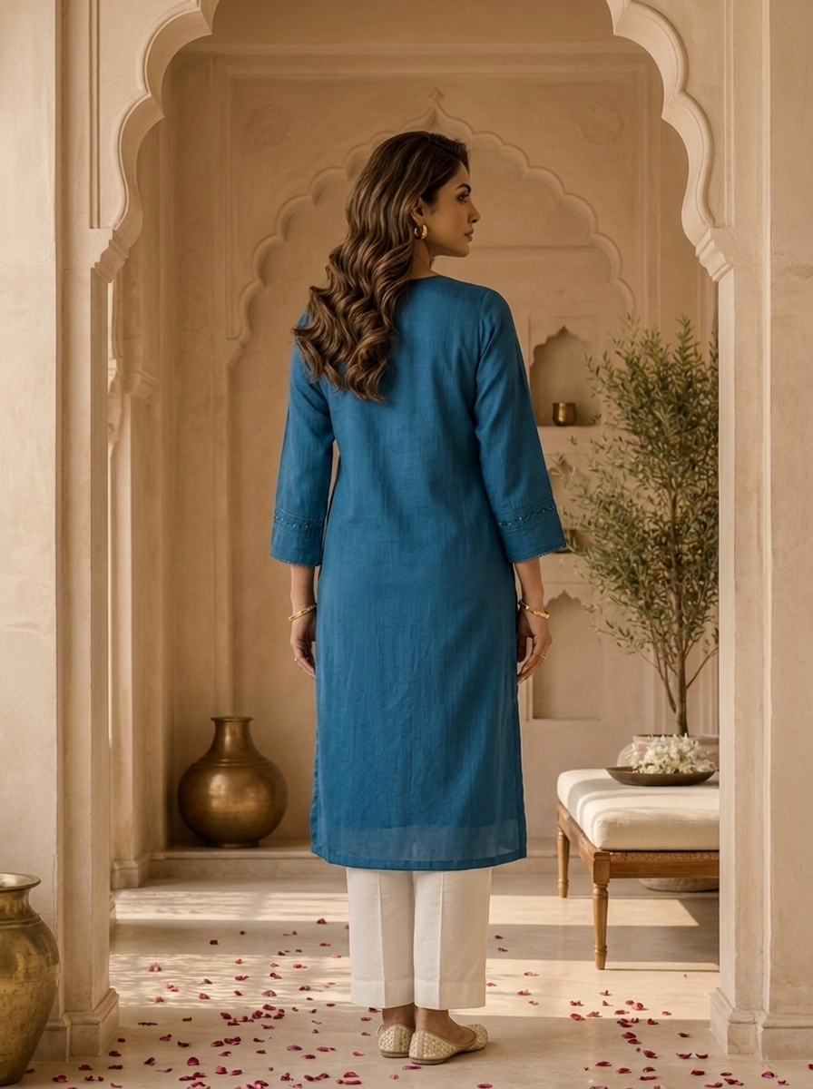 TealBlue Hand Embroidery And Solid Design Chinon Kurta