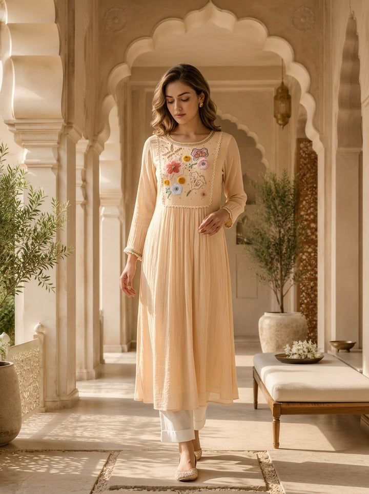 Cream Silk Floral Sequins And Mirror Embroidered Kurta