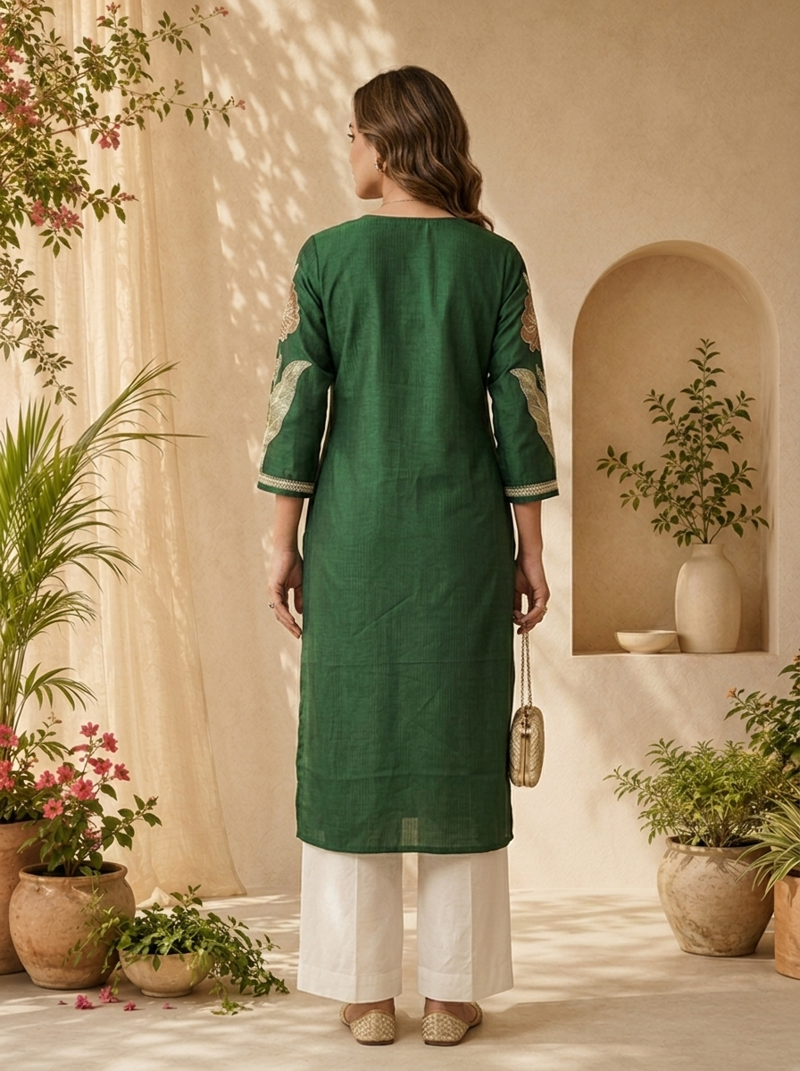 Bottle Green Solid Design And Floral Thread Embroidery Kurta