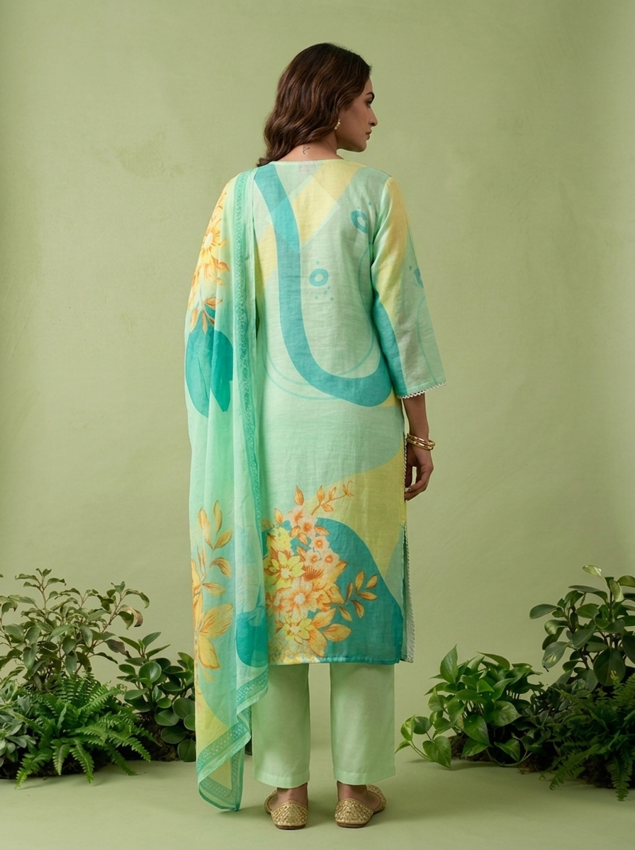 Mint Linen Floral Printed Three Piece Set
