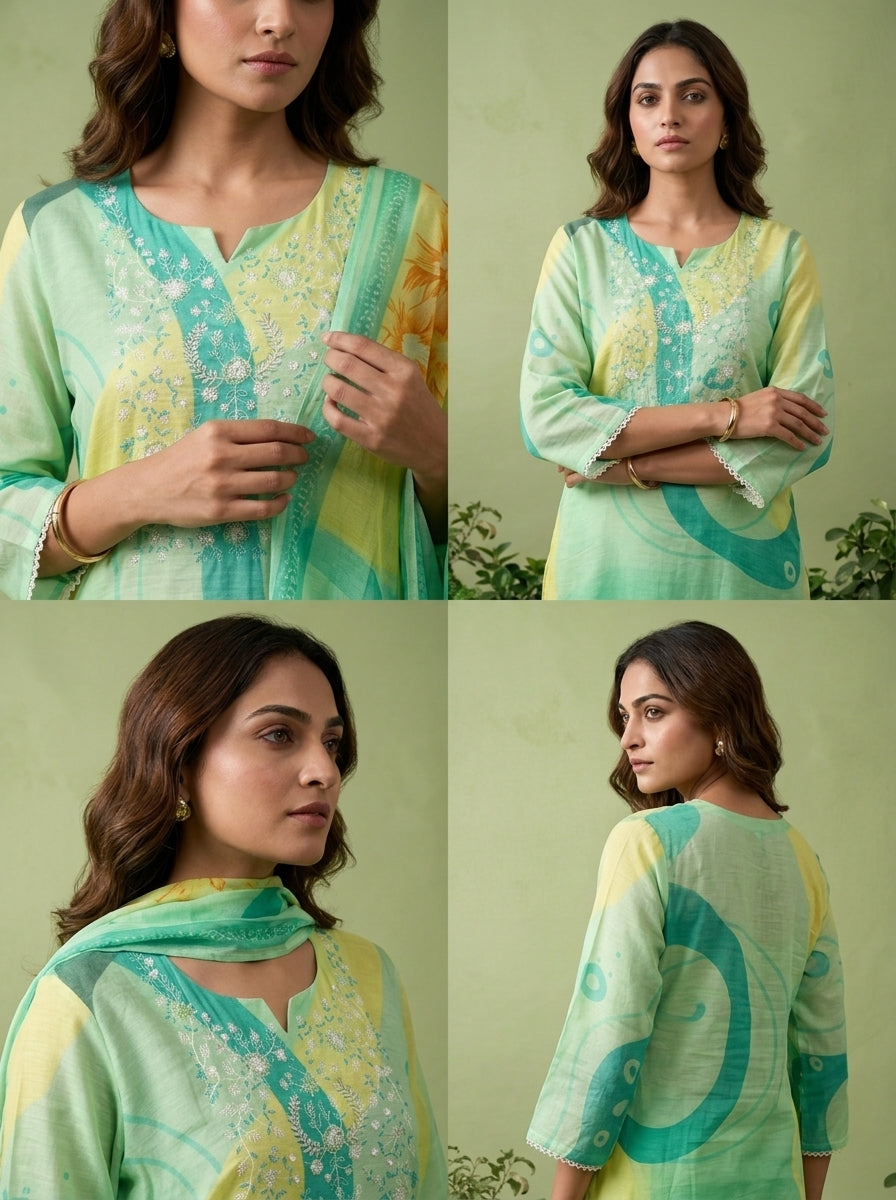 Mint Linen Floral Printed Three Piece Set