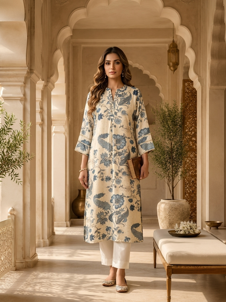 Blue Heavy Printed Silk Kurta