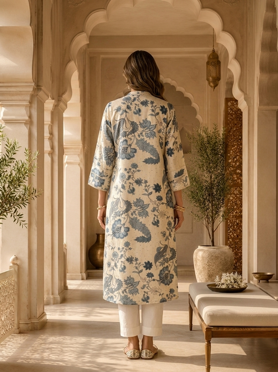 Blue Heavy Printed Silk Kurta