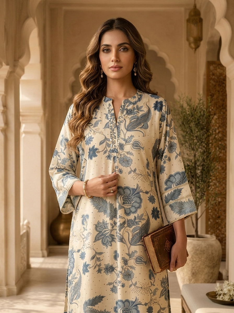 Blue Heavy Printed Silk Kurta