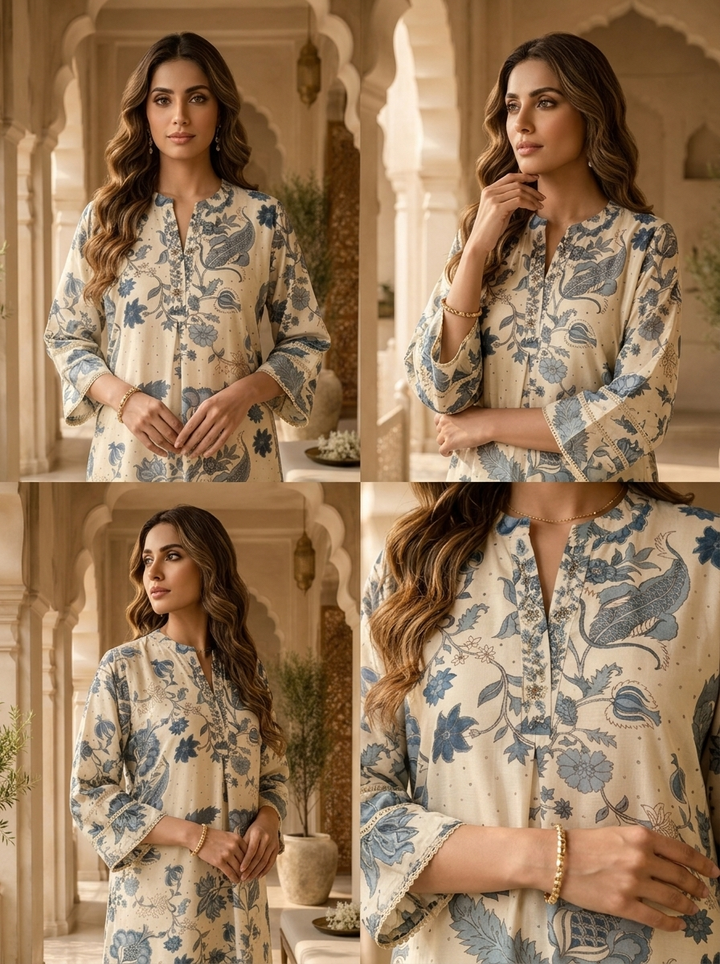 Blue Heavy Printed Silk Kurta