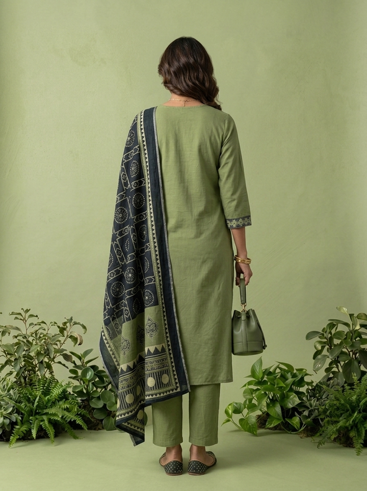 Olive Cotton Geometric Printed Three Piece Set