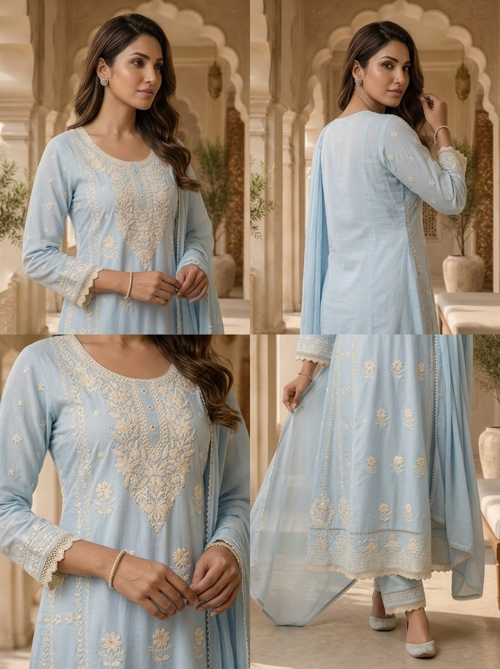 Sky Blue Heavy Floral Thread Embroidered Three Piece Set
