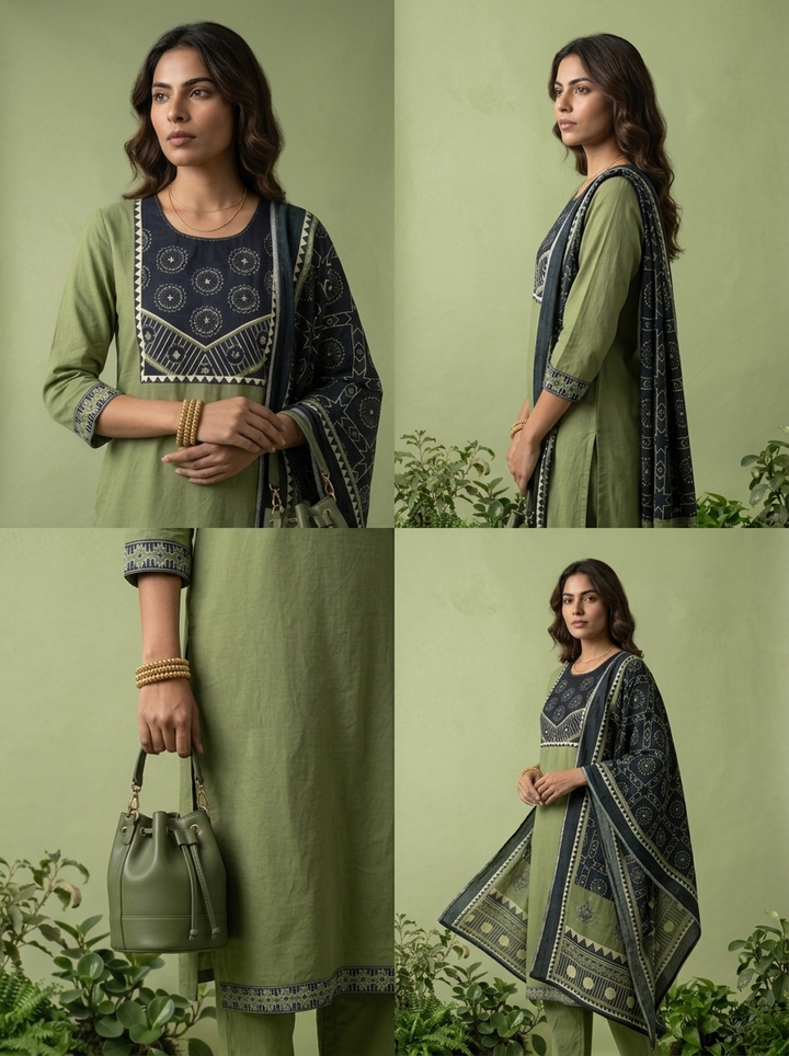 Olive Cotton Geometric Printed Three Piece Set