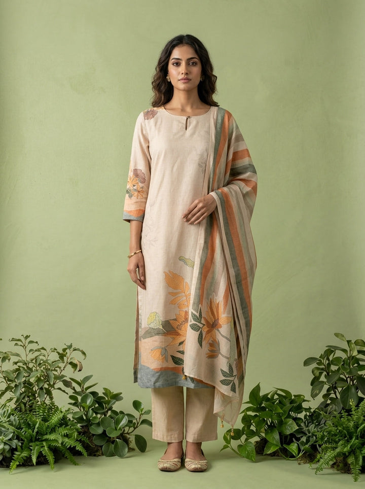 Cream Cotton Floral Printed Three Piece Set