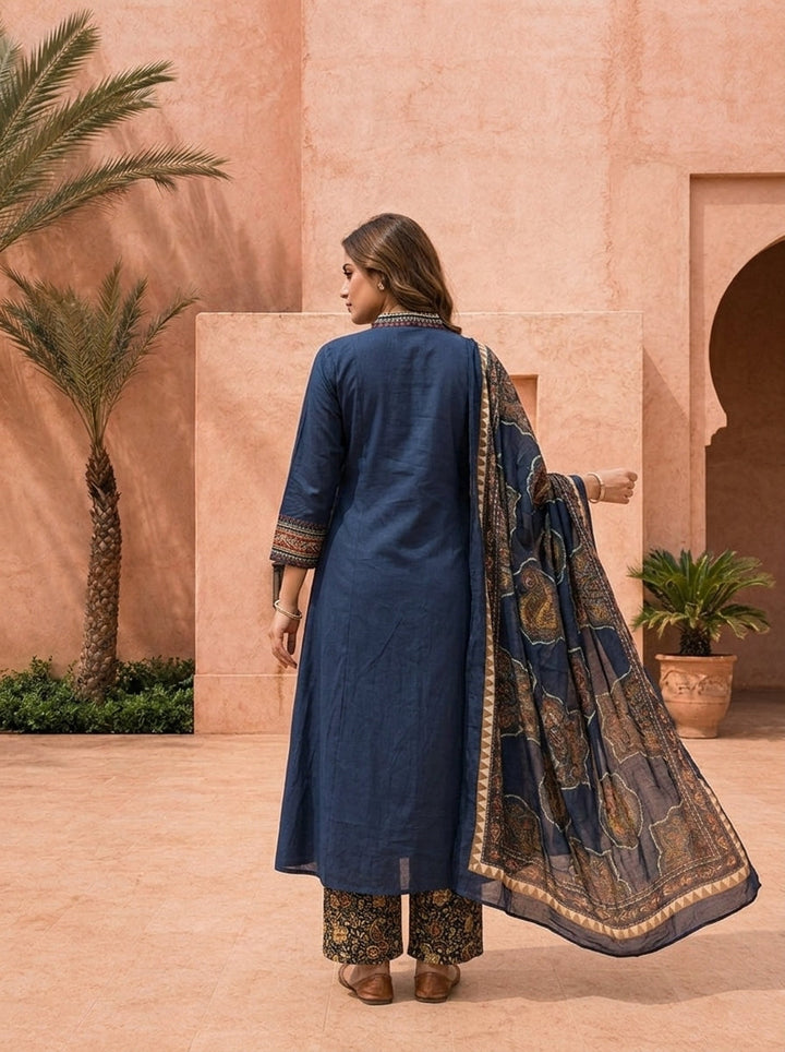 Navy Blue Solid Design Cotton Three Piece Set With Ethnic Printed Dupatta