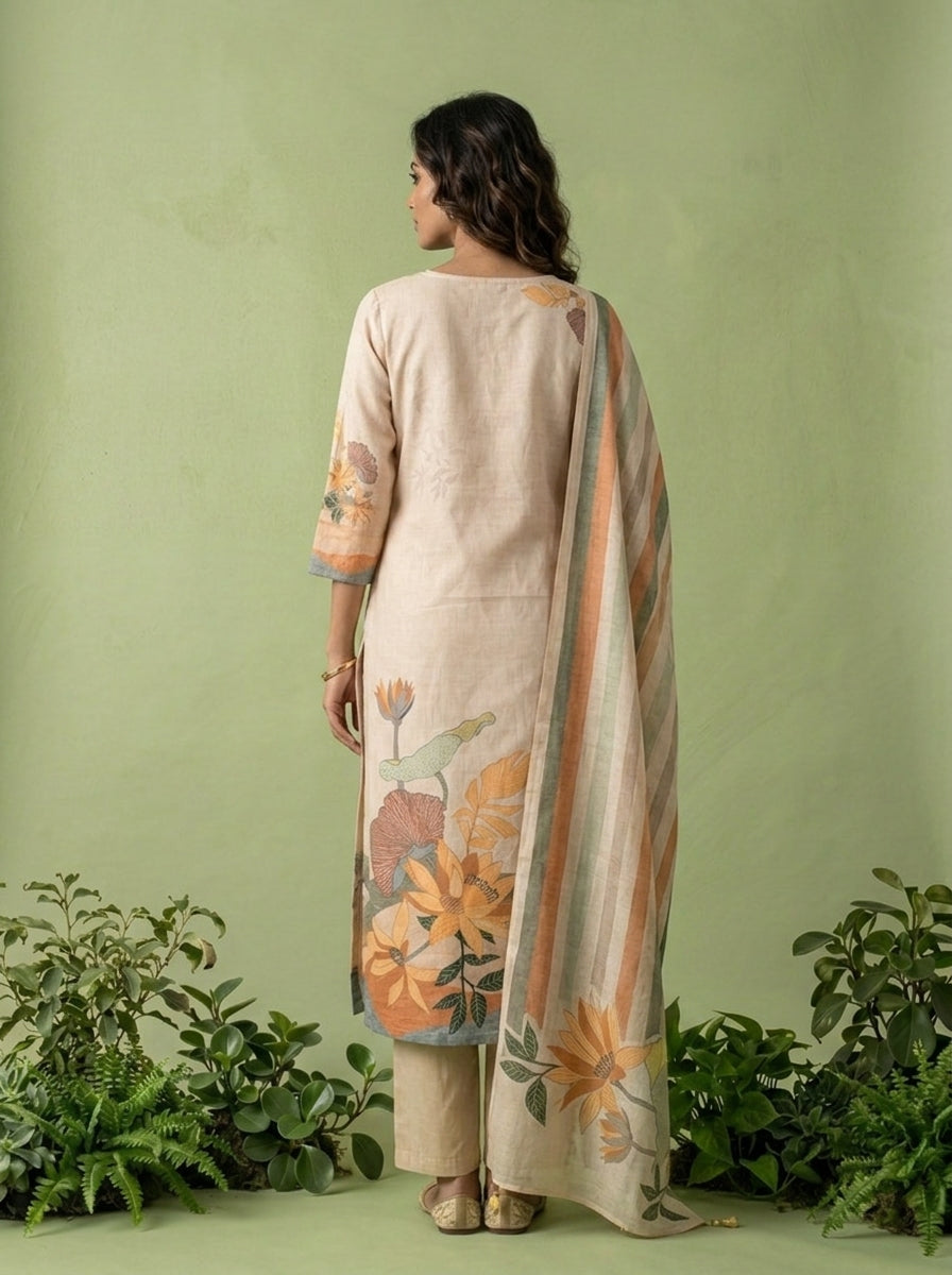 Cream Cotton Floral Printed Three Piece Set