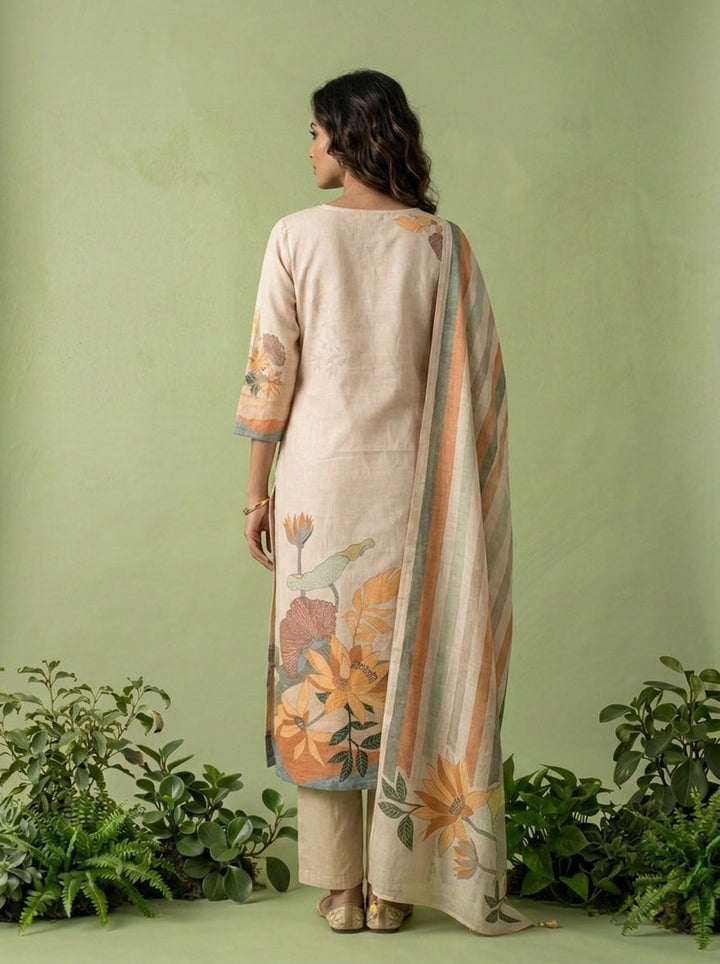 Cream Cotton Floral Printed Three Piece Set