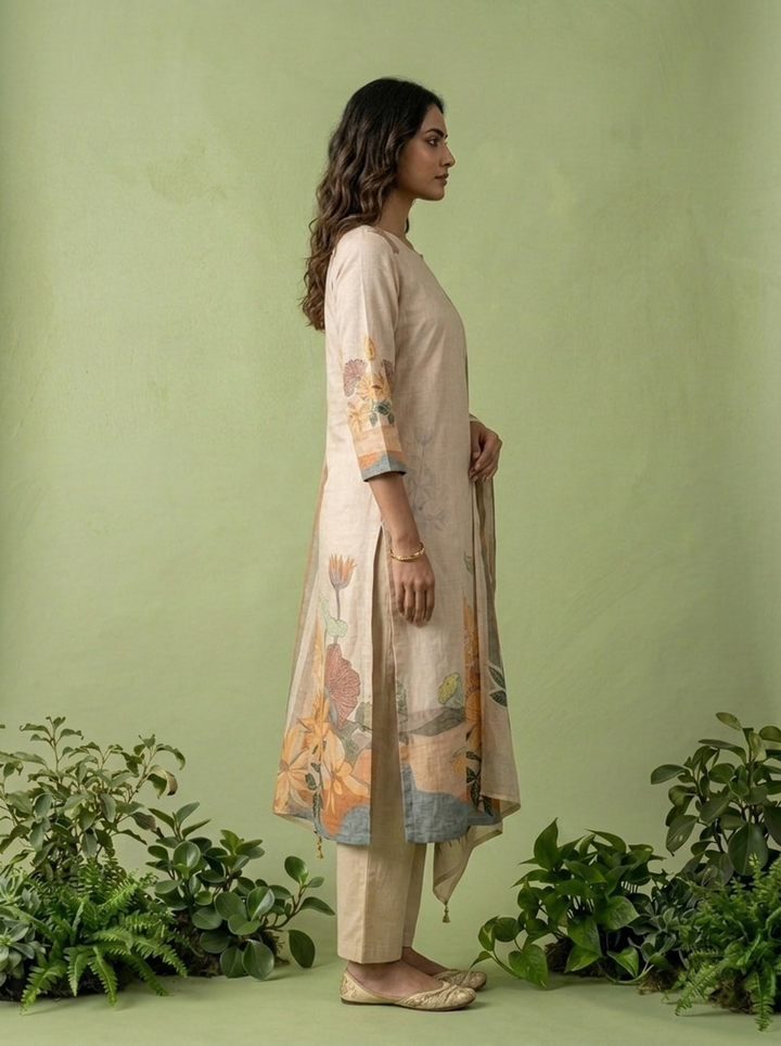 Cream Cotton Floral Printed Three Piece Set