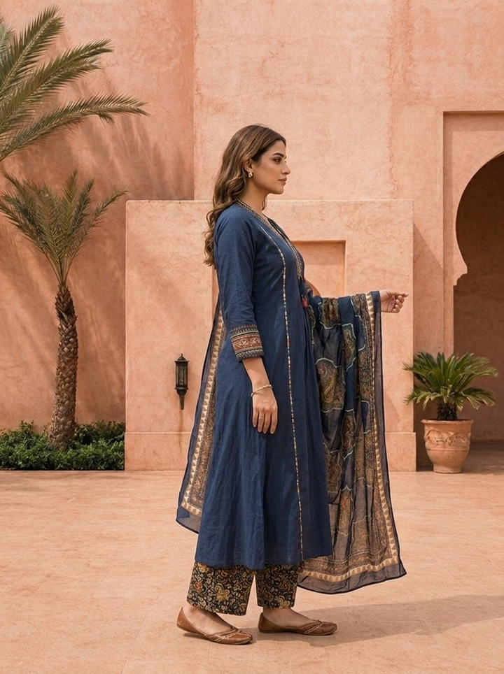Navy Blue Solid Design Cotton Three Piece Set With Ethnic Printed Dupatta