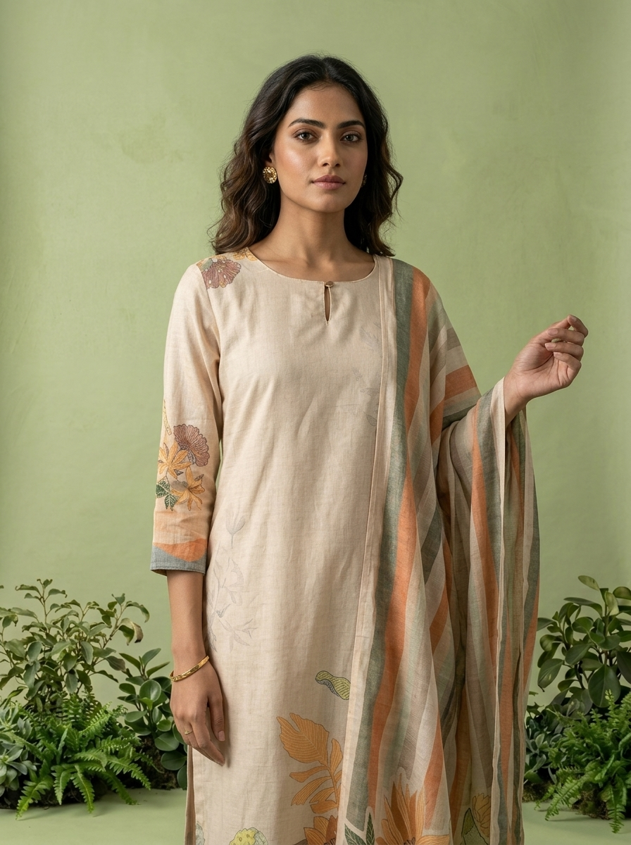 Cream Cotton Floral Printed Three Piece Set