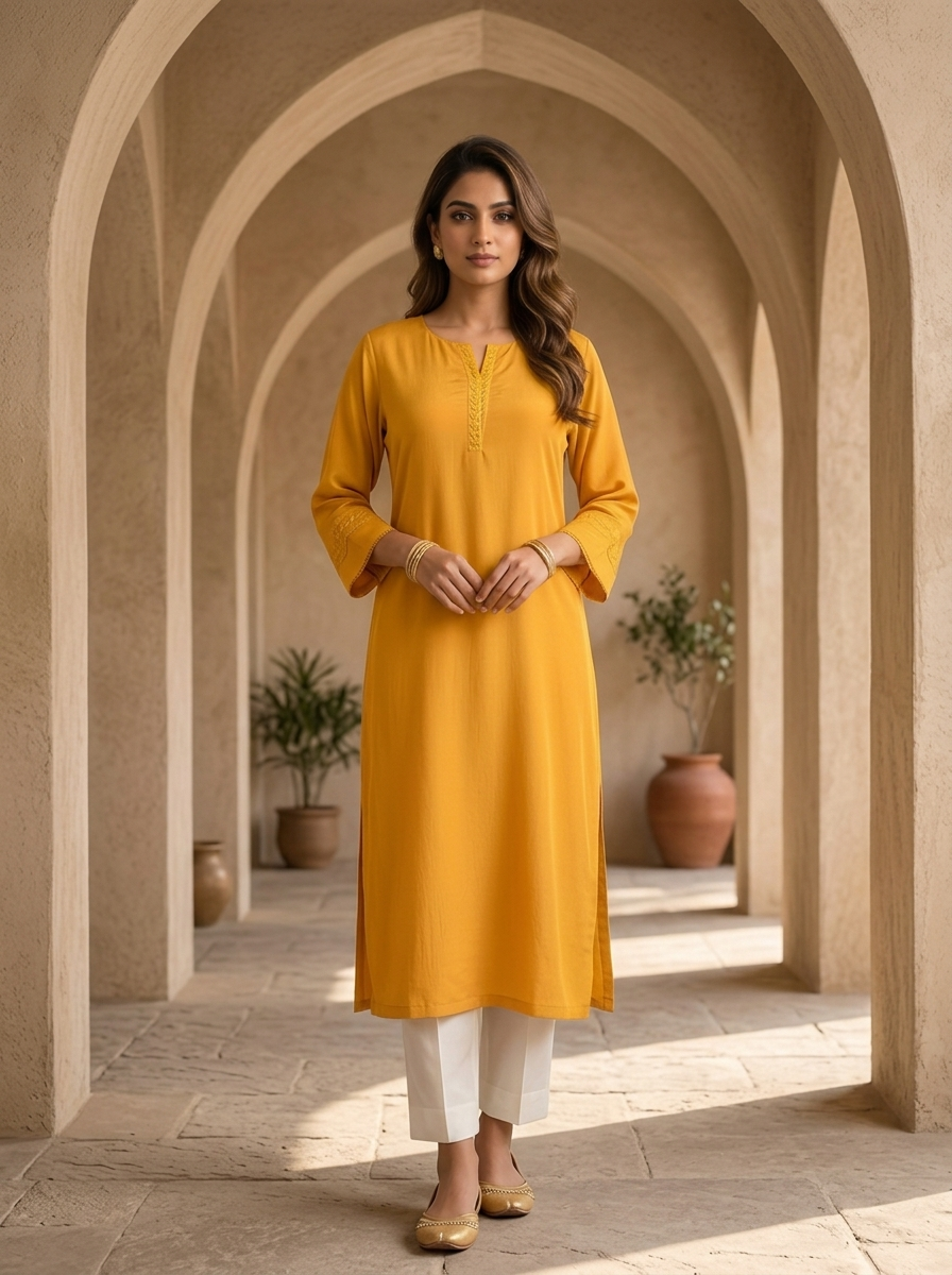 Mustard Hand Embroidery And Solid Design Chinon Kurta