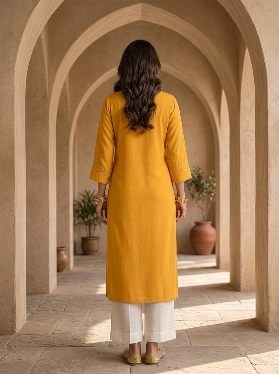 Mustard Hand Embroidery And Solid Design Chinon Kurta