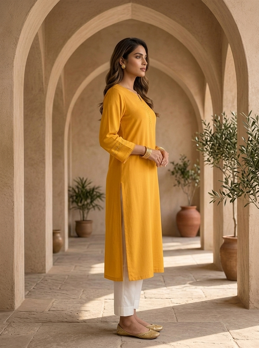 Mustard Hand Embroidery And Solid Design Chinon Kurta