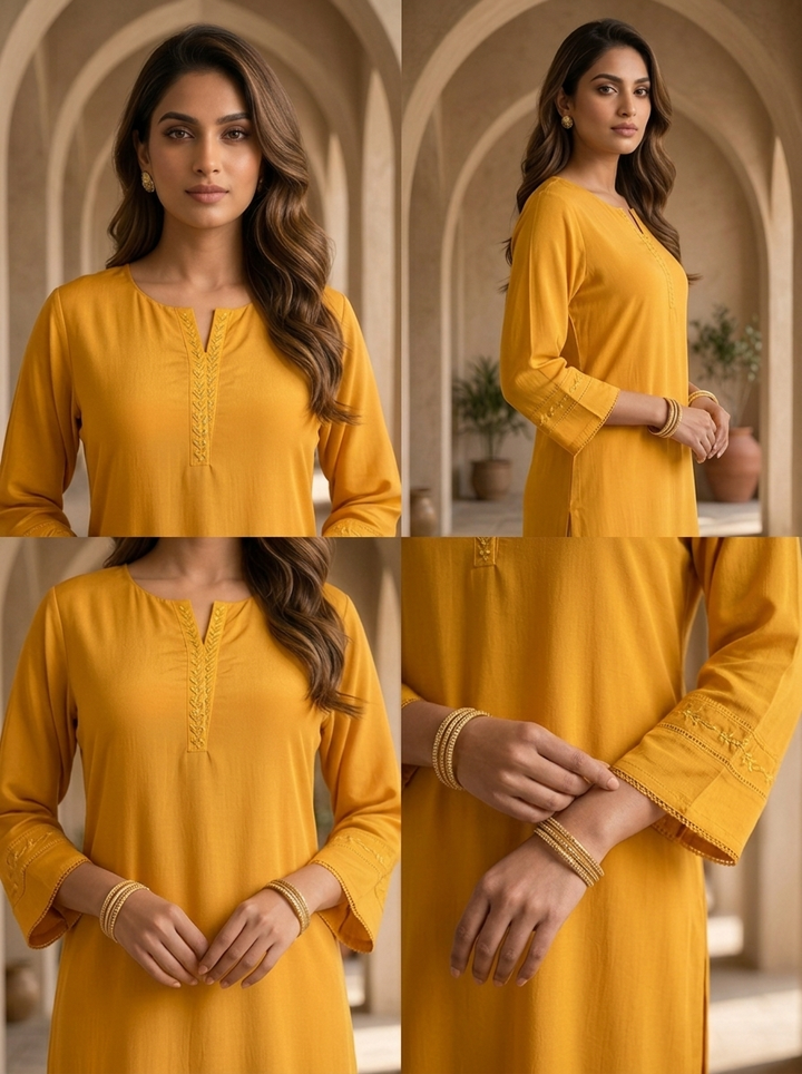 Mustard Hand Embroidery And Solid Design Chinon Kurta