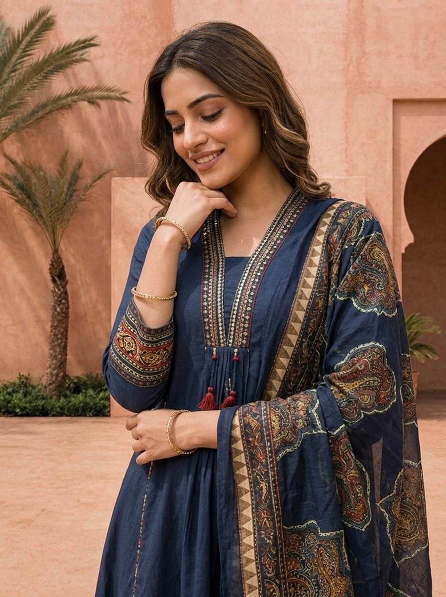 Navy Blue Solid Design Cotton Three Piece Set With Ethnic Printed Dupatta