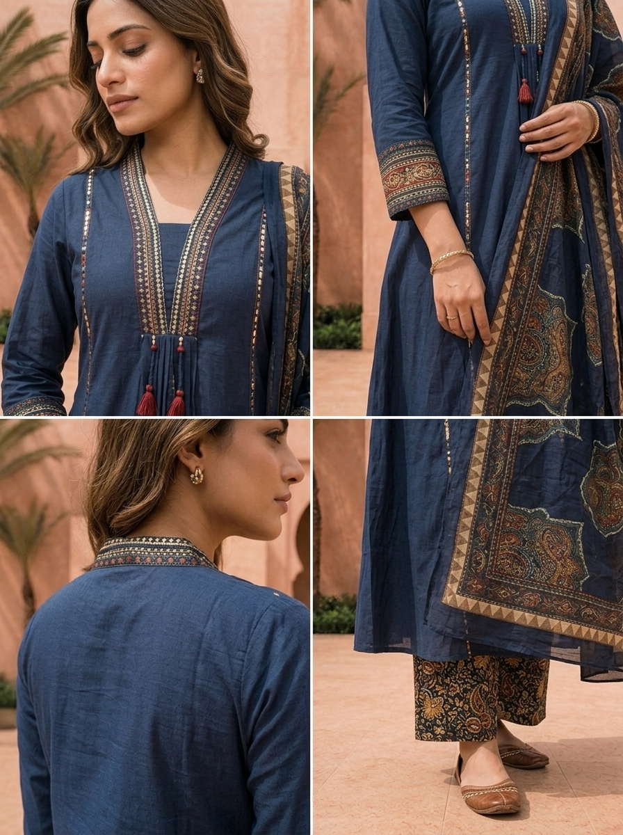 Navy Blue Solid Design Cotton Three Piece Set With Ethnic Printed Dupatta