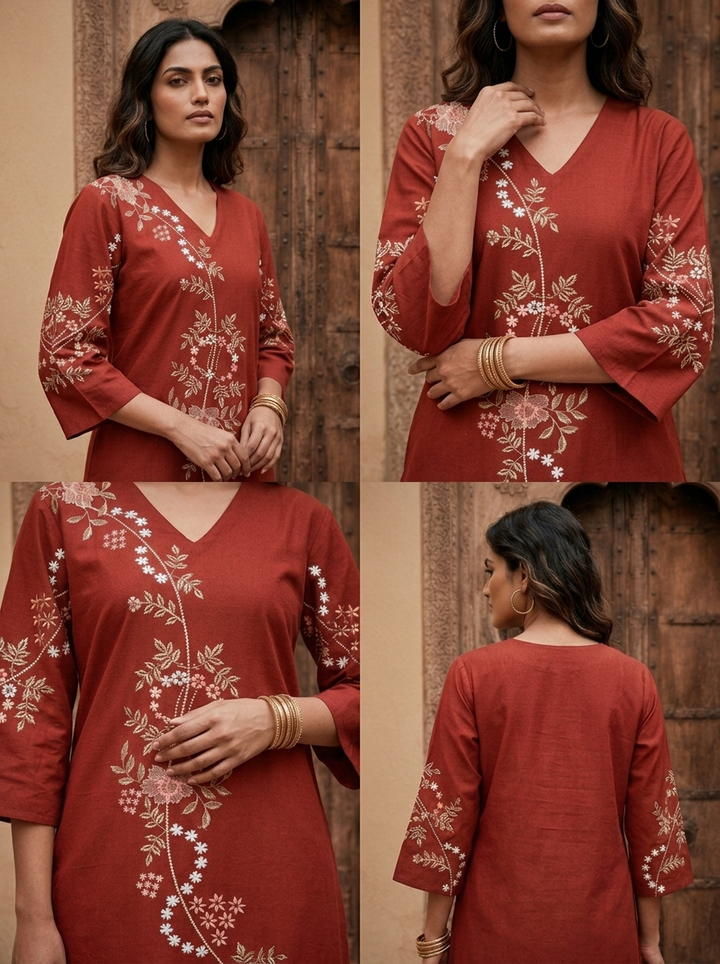 Maroon Cotton Floral Embroidery Two Piece Set