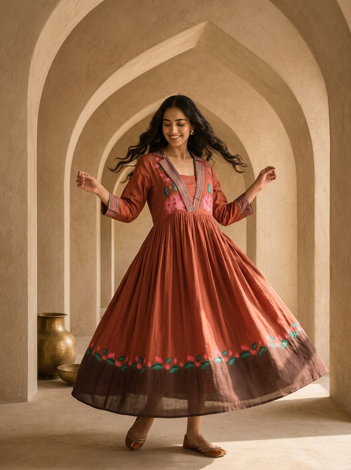 Brown Cotton Patch Embroidery And Floral Printed Long Dress