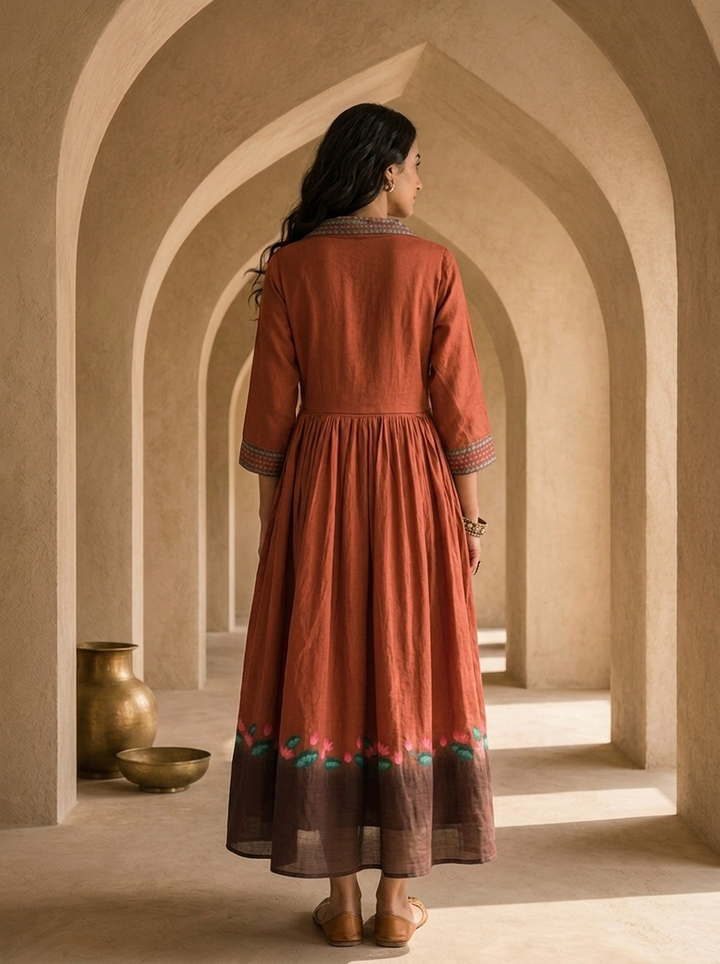 Brown Cotton Patch Embroidery And Floral Printed Long Dress