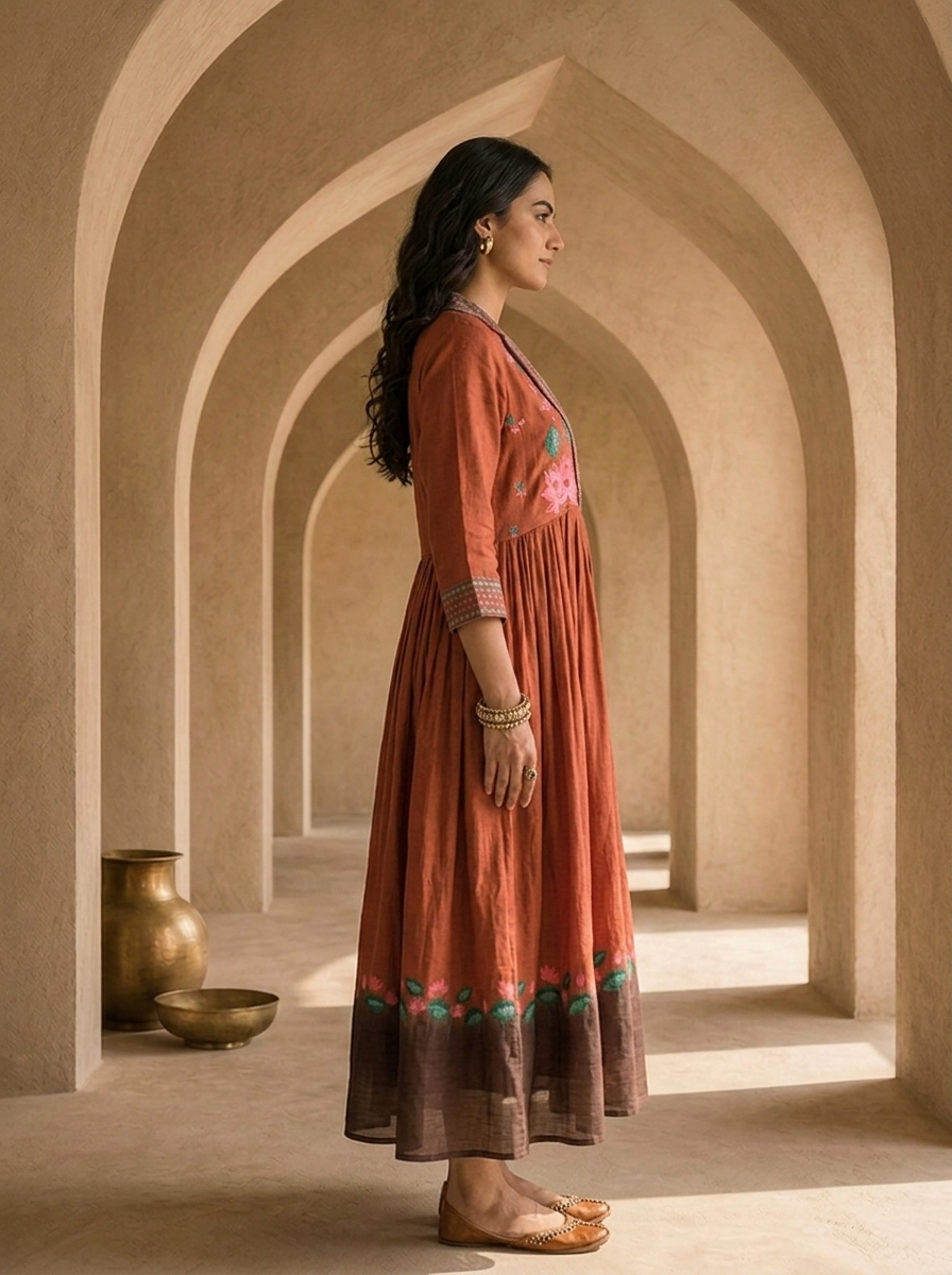 Brown Cotton Patch Embroidery And Floral Printed Long Dress