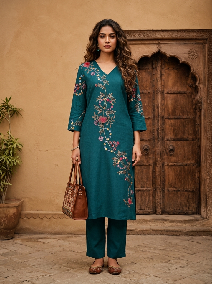 Rama Cotton Floral Embroidery Two Piece Set
