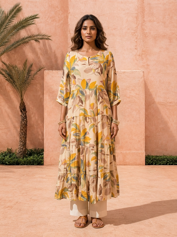 Cream Muslin Floral Printed Long Dress