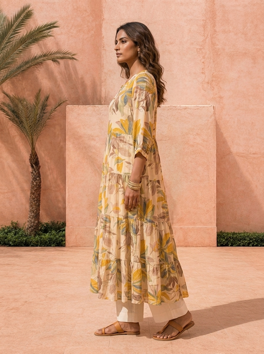 Cream Muslin Floral Printed Long Dress