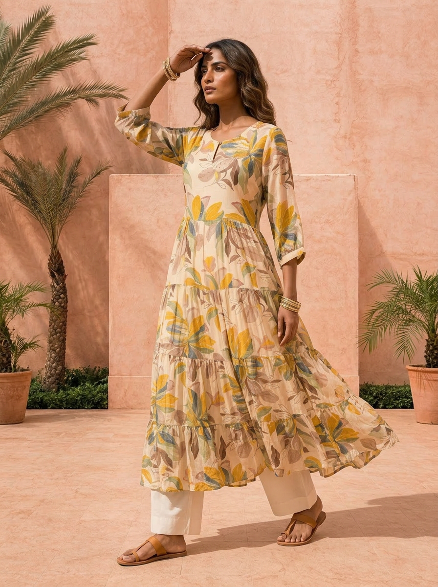 Cream Muslin Floral Printed Long Dress