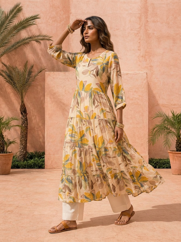 Cream Muslin Floral Printed Long Dress