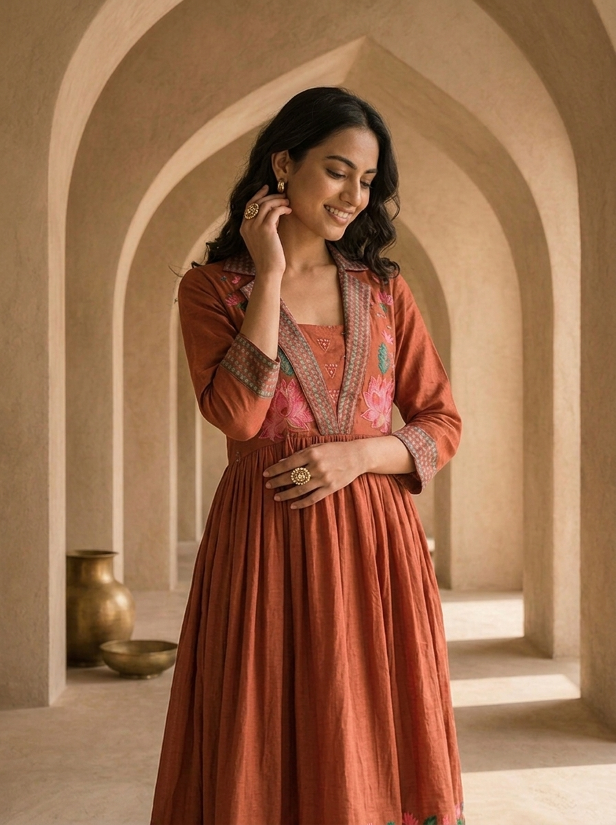 Brown Cotton Patch Embroidery And Floral Printed Long Dress