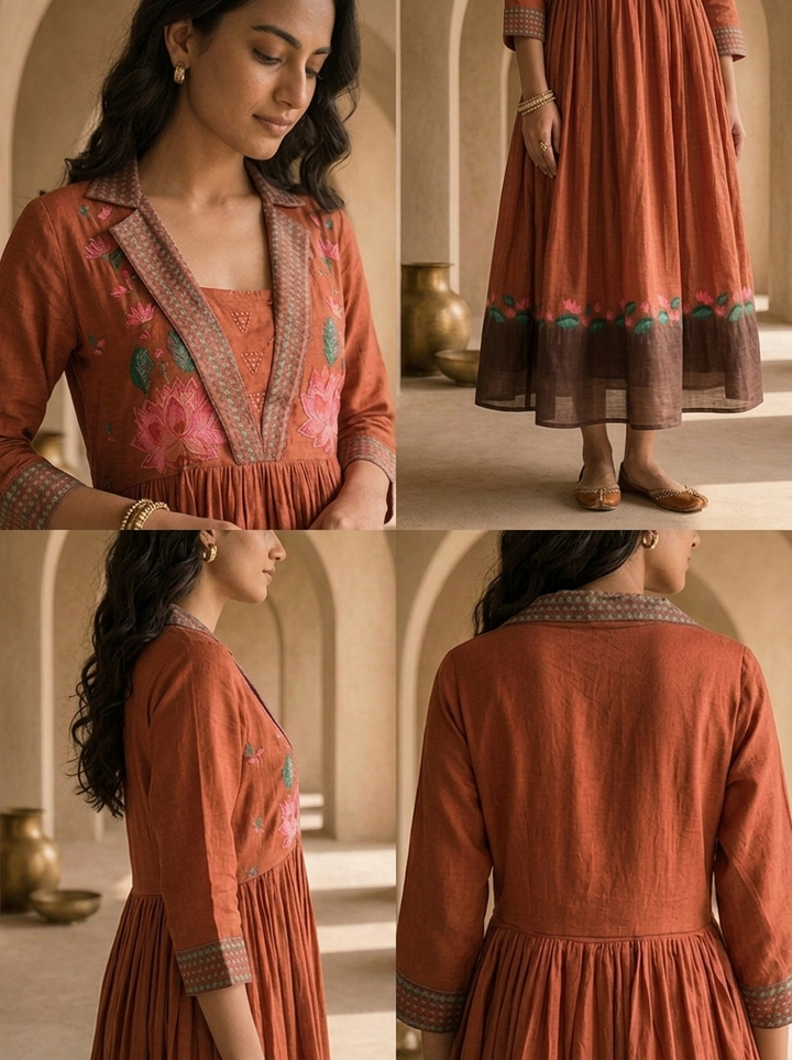 Brown Cotton Patch Embroidery And Floral Printed Long Dress