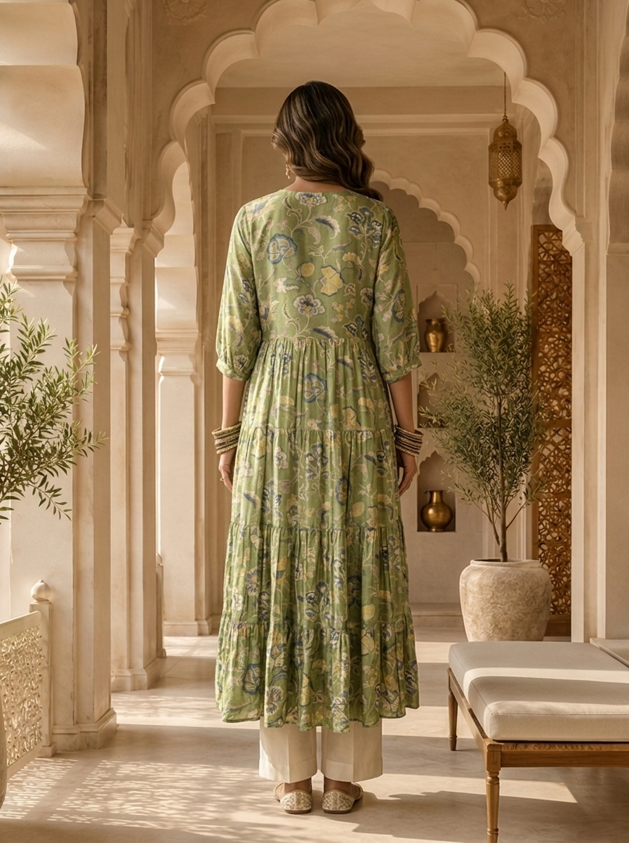 Green Muslin Floral Printed Long Dress