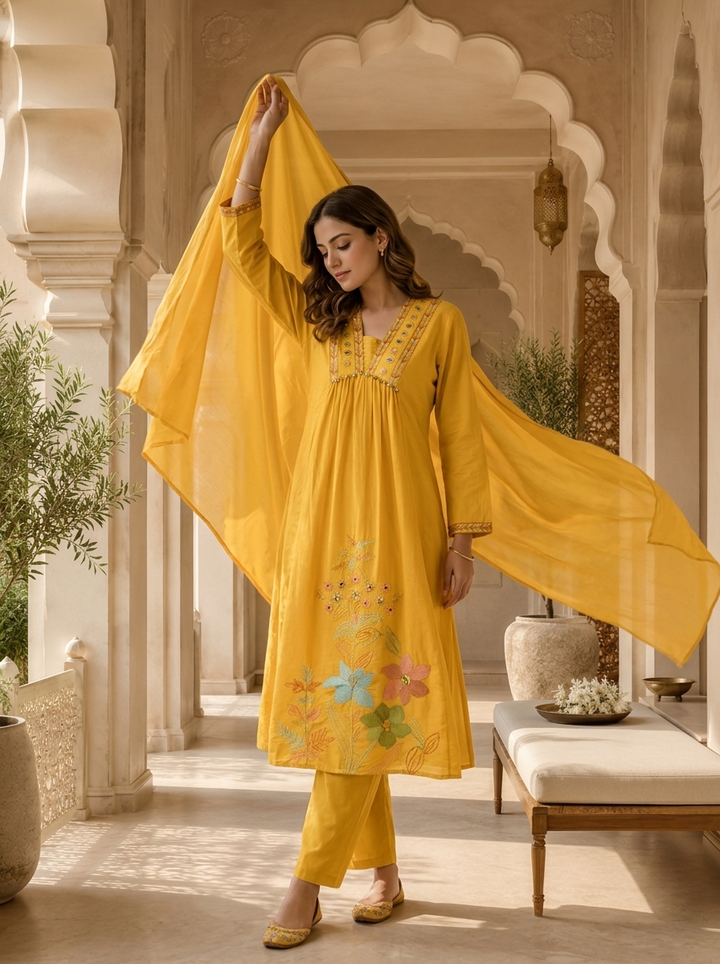 Mustard Mirror Embroidered Cotton Three Piece Set