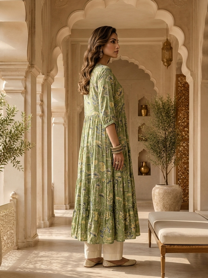 Green Muslin Floral Printed Long Dress