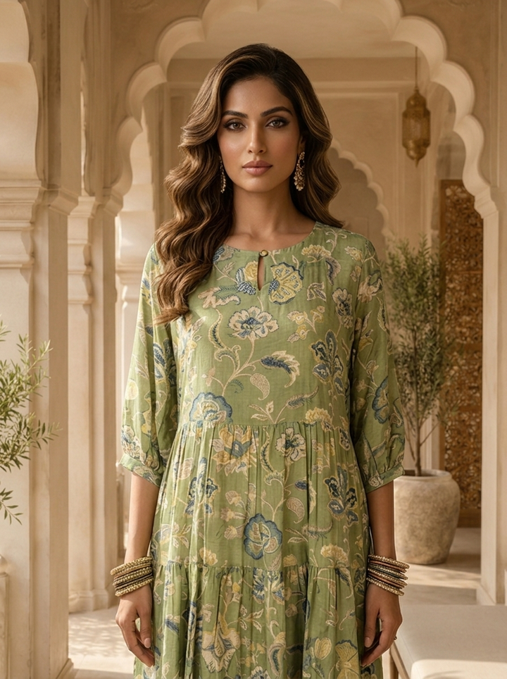 Green Muslin Floral Printed Long Dress