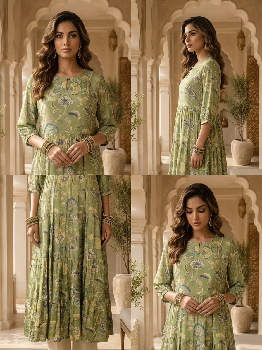 Green Muslin Floral Printed Long Dress
