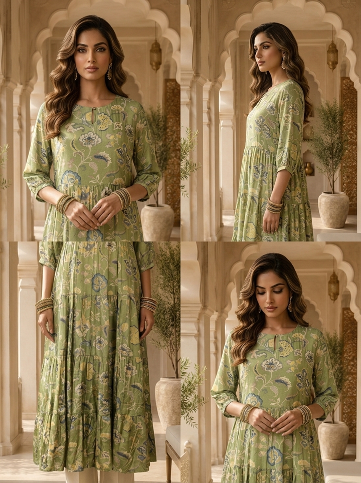 Green Muslin Floral Printed Long Dress